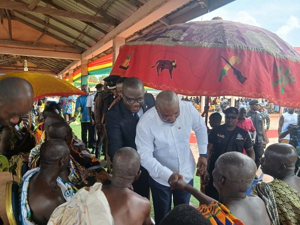 • Mr Akwaboah (second from right) exchanging pleasantries with chiefs at Jinijini