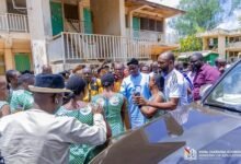 • Mr Haruna Iddrisu interacting with a section of students at Zebila SHTS