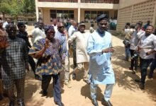 • Mr Haruna Iddrisu and his entourage inspecting an abandoned staff quarters on arrival at ZAMSTECH