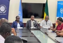 • Mr Lacroix (middle) speaking at the briefing. With him are Mr Charles Nornoo (second from right) and Ms Amponsah (fourth from right)