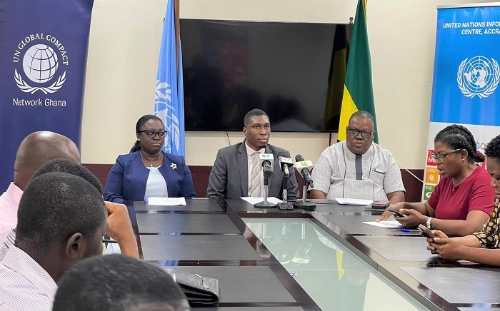 • Mr Lacroix (middle) speaking at the briefing. With him are Mr Charles Nornoo (second from right) and Ms Amponsah (fourth from right)