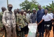 • Ms Laryea ( right) with Mr Anyetei (second from right) presenting the fertiliser to the farmers
