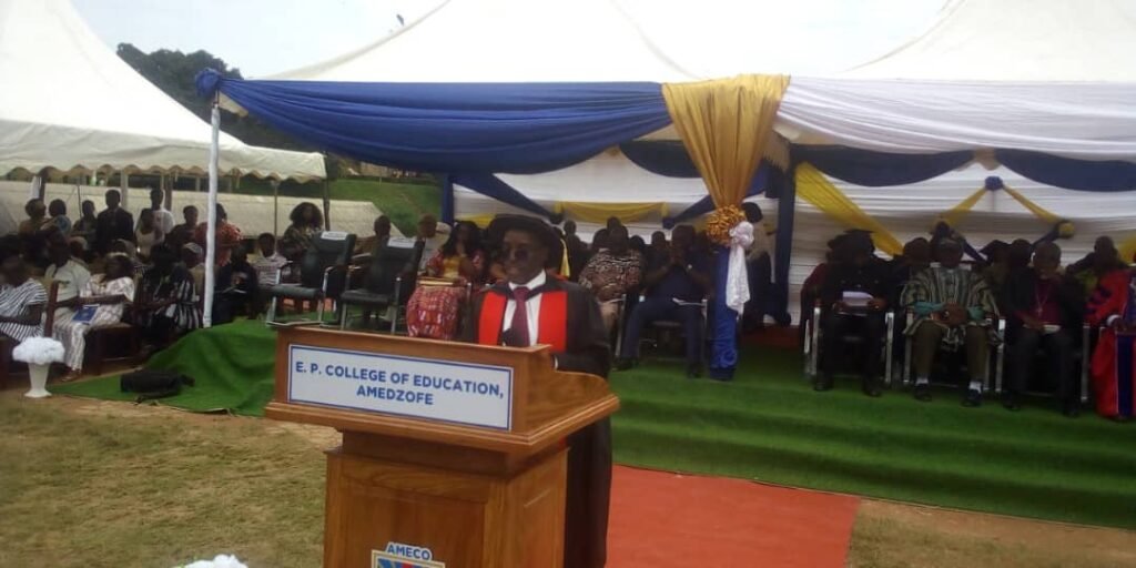 Professor Ocloo speaking at the graduation ceremony at Amedzofe