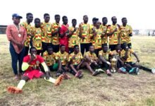 • Players of the New Juaben DFC display their medals after their coronation as champions