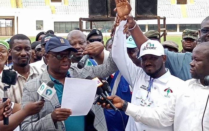 • Mr Mahama (right) being declared the winner by the Northern Regional Director of EC, Mr Lucas Yiryel