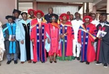 • Prof Anamuah Mensah (fourth from left) Council Chairman, Prof Samuel Amoako (second from left) Mr John Donkor (fourth from right) and other dignitaries after the event