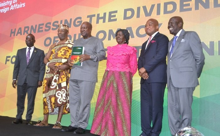 • President Mahama (third from left) launching the KPI document. With him are Vice President Professor Jane Naana Opoku-Agyemang (third from right), King Tackie Teiko Tsuru II (second from left) and Mr Samuel Okudzeto Ablakwa (second from right) Photo: Victor A. Buxton