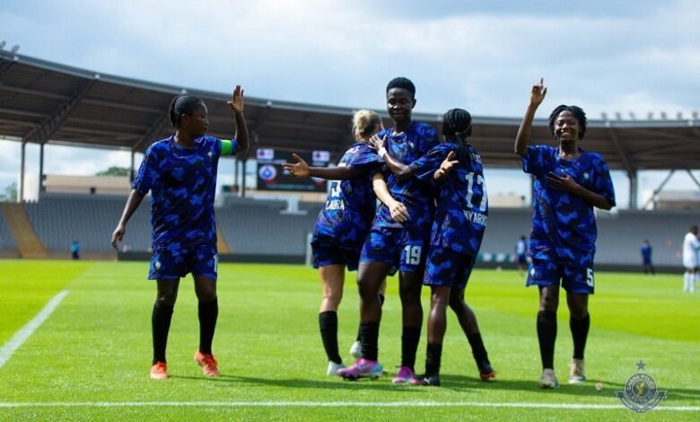 Sophaia Agyarkwah mobbed by teammates after scoring the opener