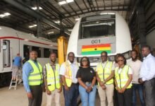 Tema-Mpakadan railway ------Ms Dorcas Affo-Toffey (middle) with staff of Ghana Railway Authority. Photo Ebo Gorman