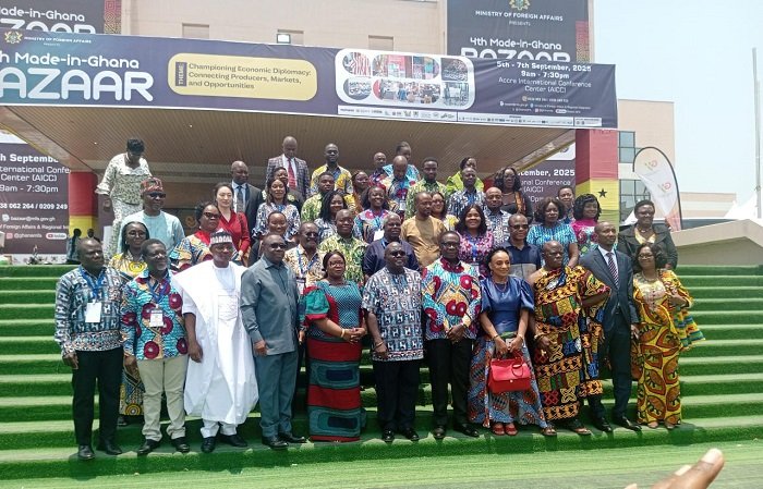 • Mr Debrah (middle) with ambassadors and officers from stakeholder institutions of the Ministry of Foreign Affairs, and officials of the Ministry