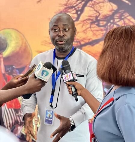 Mr Henry Herbert Malm Ag . Executive Director speaking to journalists during the Ghana Theatre festival press launch