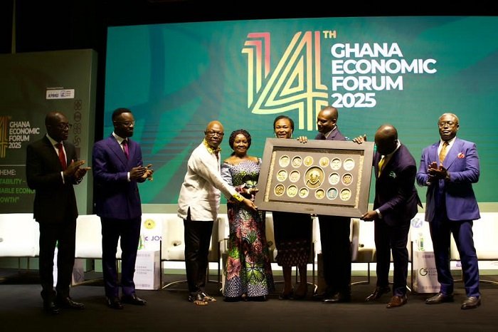 Vice President Professor Opoku-Agyemang (fourth from left) with some dignitaries at the 14th Ghana Economic Forum 2025