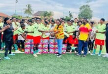 • ASP Abdulai (right) presenting the items to captain of the team Seidatu Wahab