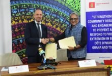 • Mr Jacob Linulf (left)exchanging documents with Mr Niloy Banerjee Photo: Seth Osabukle