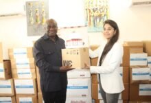 Mr Eric Opoku (left) receiving the EMA-I + equipments from Ms Priya Gujadhur. Photo. Ebo Gorman