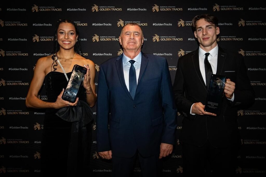 Femke Bol (left) with Christian Milz, CEO of European Athletics and Armand Duplantis