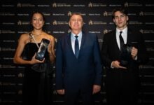 Femke Bol (left) with Christian Milz, CEO of European Athletics and Armand Duplantis