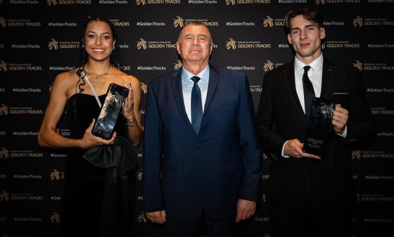 Femke Bol (left) with Christian Milz, CEO of European Athletics and Armand Duplantis