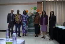 • Mariana Gonçalves Madeira (second from right), Mr Jakob Linulf (left), Prof. Klutse (third from left) and other executives at the launch