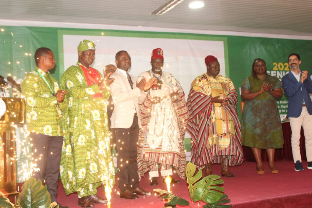 Mr Akandoh (third from left), Dr Samuel Kaba Akoriyea (second from left), Chiana-Pio Pe Ditundini Adiali Ayagitam III (third from right) and other guests applauding after launching the GHS website Photo: Ebo Gorman