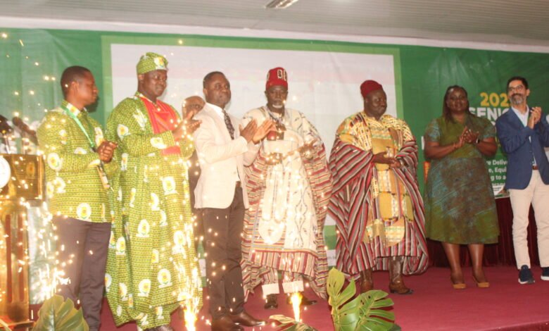 Mr Akandoh (third from left), Dr Samuel Kaba Akoriyea (second from left), Chiana-Pio Pe Ditundini Adiali Ayagitam III (third from right) and other guests applauding after launching the GHS website Photo: Ebo Gorman