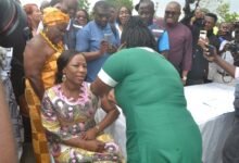 • Prof. Dr Grace Ayensu-Danquah (seated), Deputy Minister of Health, being vaccinated by a nurse at the programme Photo: Victor A. Buxton
