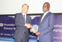 • Mr Haruna Iddrisu (right) presenting an award to Korean Ambassador to Ghana, Kyongsig Park Photo: Ebo Gorman