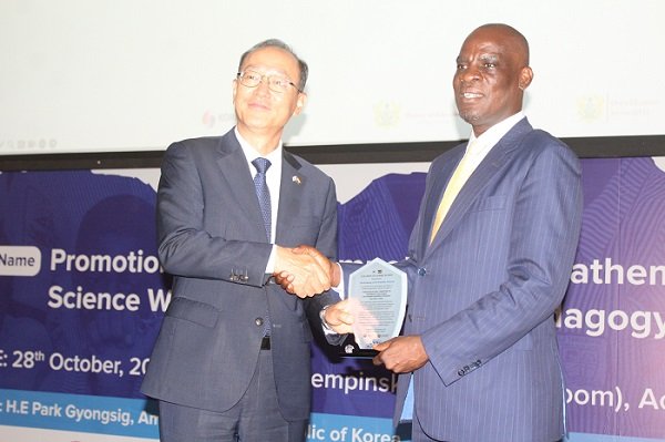 • Mr Haruna Iddrisu (right) presenting an award to Korean Ambassador to Ghana, Kyongsig Park Photo: Ebo Gorman