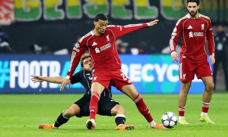• Liverpool's Hugo Ekitike and Liverpool's Dominik Szoboszlai in action with Eintracht Frankfurt's Ritsu Doan