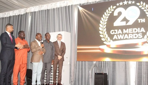 • Mr Felix Kwakye Ofosu (middle) launching the GJA Media Awards programme. With him are Mr Albert K. Dwumfour (second from left) and other invited guests Photo: Ebo Gorman
