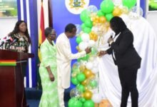 Professor Browne Klutse (right ) together with Bishop Essel and Prof. Akua Opokua Britwum, Chair, NMC launching the NCECI