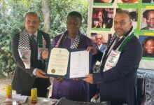 • Dr Wale Okediran (middle) receiving the certificate of honour from Abdel Fattah Al-Satri (left). With them is the President of the General Union of Palestinian Writers (GUPW), Dr Murad Rizqallah Abdelrazip Duha