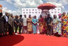 • Mr Biney, Ms Rita Awatey (middle), Mr Alex Wiafe, Nana Kwaku Boateng III, Omanhene of New Juaben Traditional Area and other dignitaries after the meeting