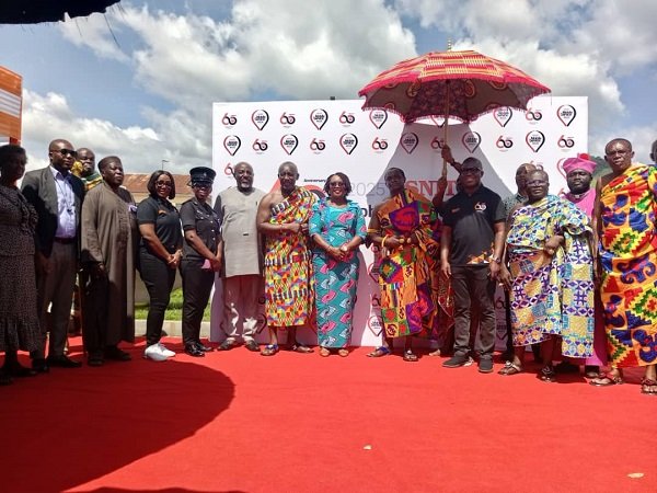 • Mr Biney, Ms Rita Awatey (middle), Mr Alex Wiafe, Nana Kwaku Boateng III, Omanhene of New Juaben Traditional Area and other dignitaries after the meeting