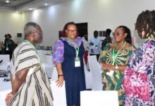 Dr Amoah (second from right) interacting with Dr Charles Abugre, Ms Mary Awelana Addah (second from left), Exe.Dir TI-Ghana and Mrs Monique Cooper-Liverpool (right), MD, Petra Resources,Liberia Photo: Seth Osabukle