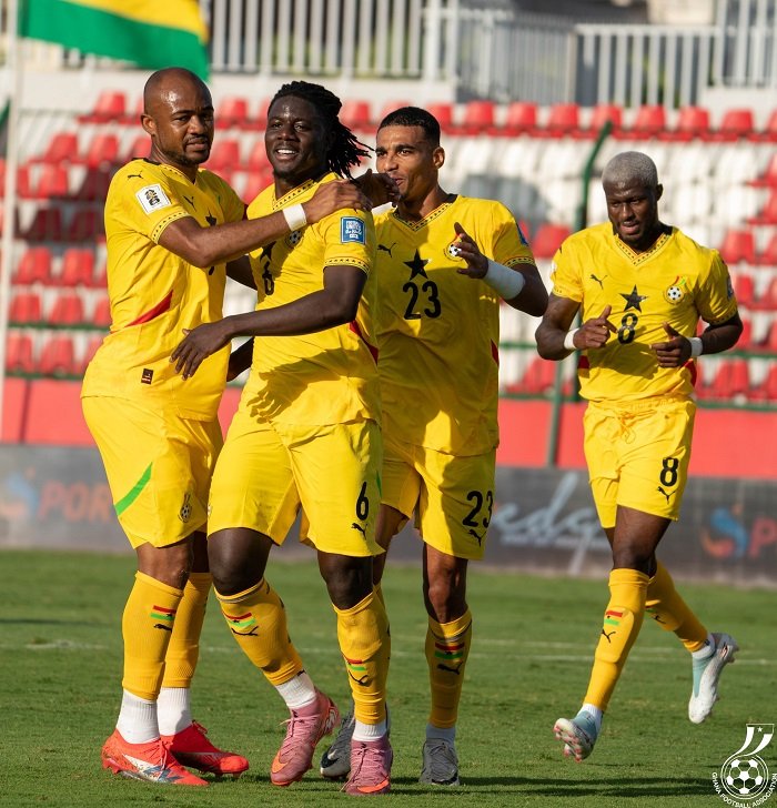 • Second goal scorer Salisu joined by Ayew, Djiku and Sibo to celebrate
