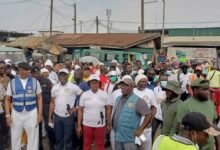 • The Ga Mantse, King Tackie Teiko Tsuru II (third from left) with Mr Ahmed Ibrahim (fourth from left), and Mr Michael Kpakpo inspecting work done after the exercise