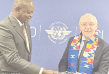 Mr Nikpe (left), with Mr Salvatore Sciacchitano, ICAO Council President during the 42nd ICAO Assembly in Montréal, Canada