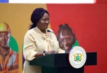 Vice President Prof Opoku-Agyemang (inset) addressing the beneficiaries