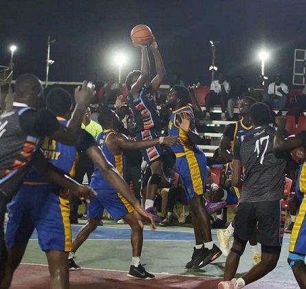 • A scene from the Spintex Knights versus the Universty of Ghana basked ball