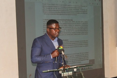 Mr Andrew Ackah (inset) addressing stakeholders at the AGM. Photo. Ebo Gorman