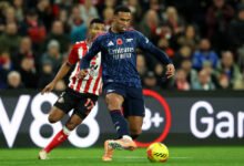 Arsenal's Gabriel Magalhaes in action with Sunderland's Reinildo Mandava