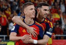Dani Olmo (left) and Mikel Oyarzabal (celebrating his goal during match