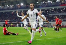 England's Harry Kane celebrates scoring their first goal