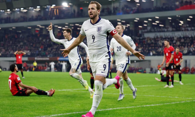 England's Harry Kane celebrates scoring their first goal
