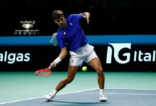 Flavio Cobolli in action during his match against Austria's Filip Misolic