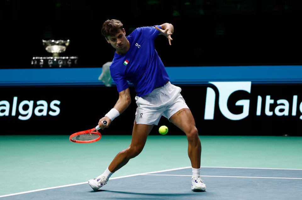 Flavio Cobolli in action during his match against Austria's Filip Misolic