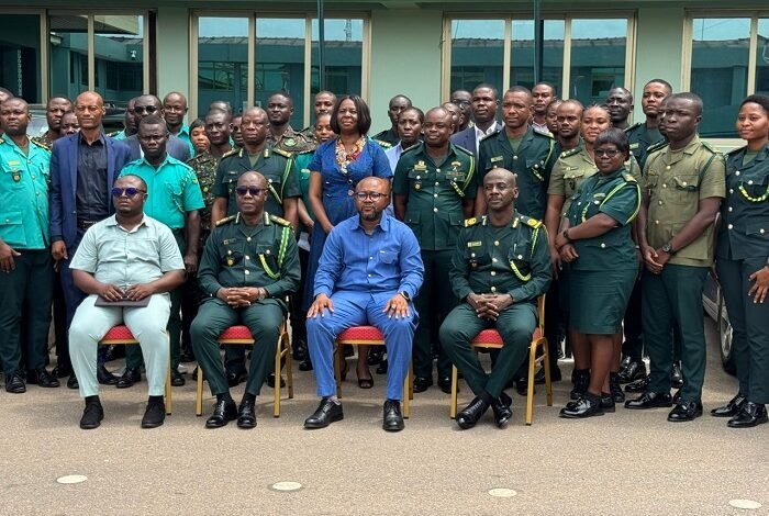 • Mr Affrifa (right), Mr Agbeti ( Second from right), Mr Andor (second from left) with some GIS staff after the engagement