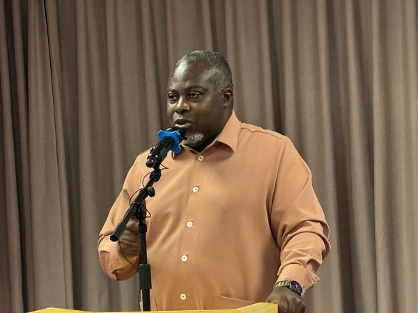 • Mr Sarpong (inset) addressing editors at the forum