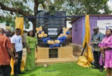 • Mr Berle (second from left) with Ms Sowah (third from left) and other dignitaries after handing over the project